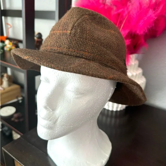 Vintage Irish Brown Tweed Plaid Hat with Feather